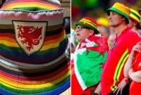 Fans timnas Wales dengan topi pelangi.