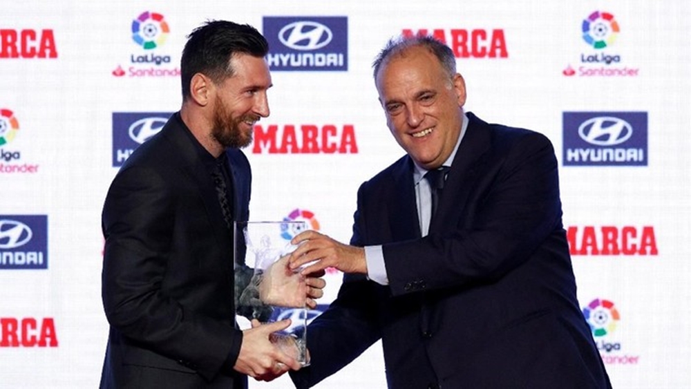 Lionel Messi dan Javier Tebas.